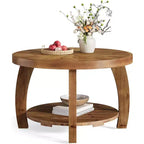 Table basse ronde Lantine en bois massif, table centrale à 2 niveaux avec rangement, plateau de 31,5 pouces à motif mosaïque, montage facile, pour le salon, marron