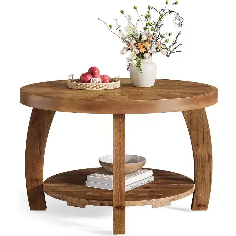 Table basse ronde Lantine en bois massif, table centrale à 2 niveaux avec rangement, plateau de 31,5 pouces à motif mosaïque, montage facile, pour le salon, marron