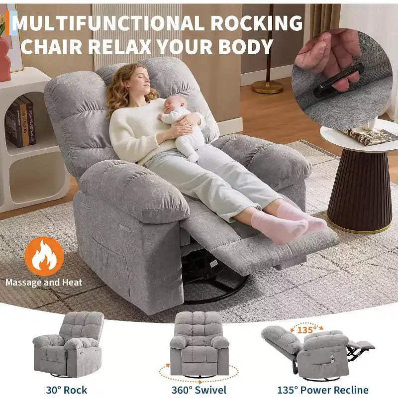 Massagestoel met warmtefunctie - 360° draaibare schommelstoel, extra brede eenpersoonsbank met vibratie, USB en opbergvakken voor woonkamer/slaapkamer