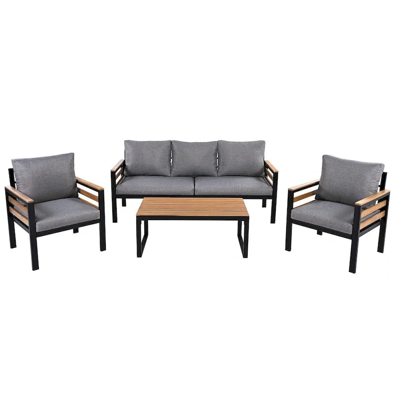 4-teiliges Gartensofaset für 5 Personen mit Couchtisch aus Massivholz und abnehmbaren Kissen