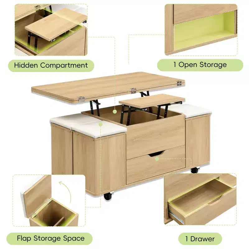 Multifunctionele moderne salontafel met hefbaar blad en verborgen opbergruimte, 4 krukken en zwenkwielen, perfect voor moderne woonruimtes