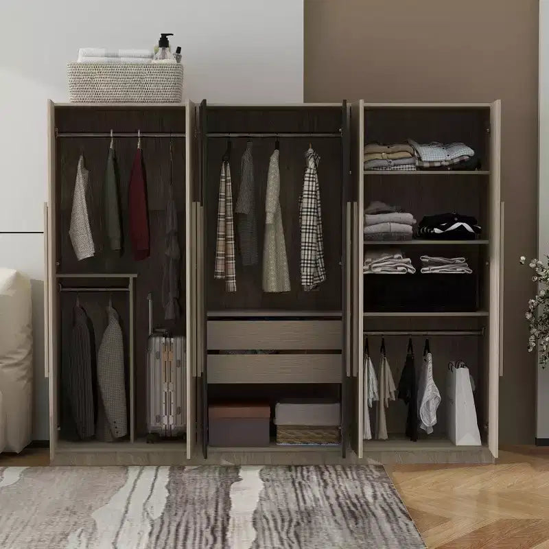 83W 6-ovinen vaatekaappi, jossa on 2 laatikkoa, vaatetangot ja säilytyshyllyt, musta+luonnonvärinen-ModernLuxe