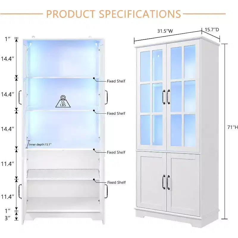 AMERLIFE Mobile contenitore alto 71 con luci LED, grande libreria con ante in vetro acrilico