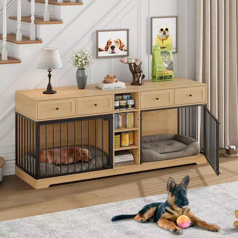 82 Möbel für zwei Hundeboxen, großer Hundezwinger für den Innenbereich für 2 Hunde, robuster Hundeschrank aus Holz als TV-Ständer mit 4 Schubladen und Regalen