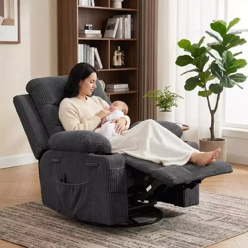 Suuri 360° kääntyvä keinutuoli-hierontatuoli lämmityksellä – ergonominen lepotuoli mukitelineillä ja sivutaskuilla olohuoneeseen tai lastenhuoneeseen