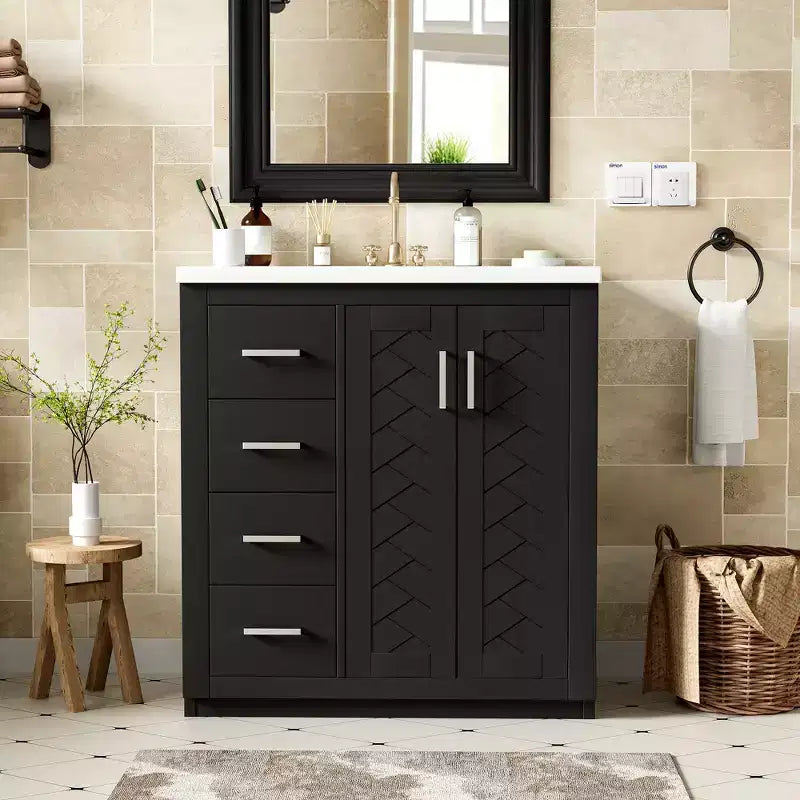 Meuble-lavabo de salle de bains de 30 po à lavabo simple, avec armoire et 3 tiroirs – noir / bleu / vert / indigo / blanc