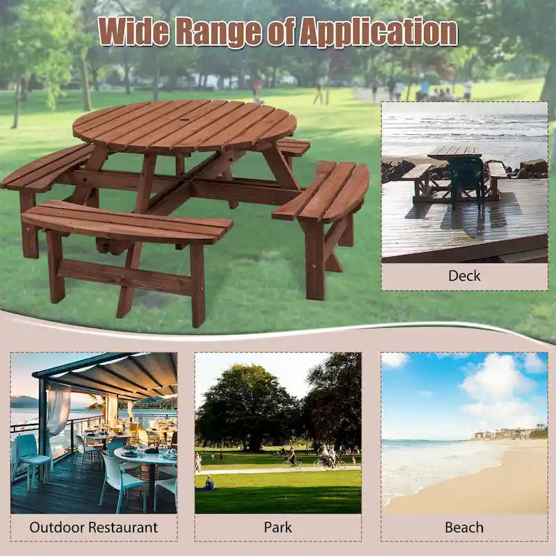Conjunto de comedor de picnic redondo para patio exterior, de madera de abeto, para 8 personas, con 4 bancos integrados y orificio para sombrilla