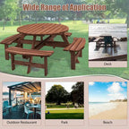 Conjunto de comedor de picnic redondo para patio exterior, de madera de abeto, para 8 personas, con 4 bancos integrados y orificio para sombrilla