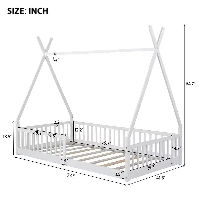 Letto a pavimento per bambini, letti a tenda singoli, letto Montessori a pavimento con doghe e sponde, struttura letto a casetta in legno per bambini e bambine