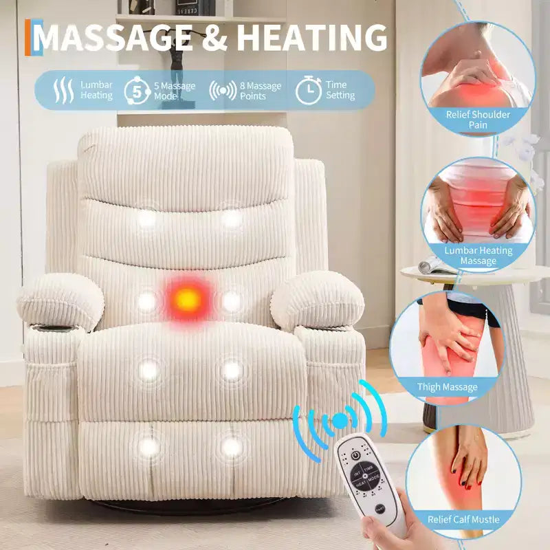 Drehbarer Schaukel-Relaxsessel mit Massage und Wärme, 360°-Gleiter mit Getränkehaltern und Seitentaschen, ergonomisches Loungesofa für Wohnzimmer, Wohnmobil und Kinderzimmer