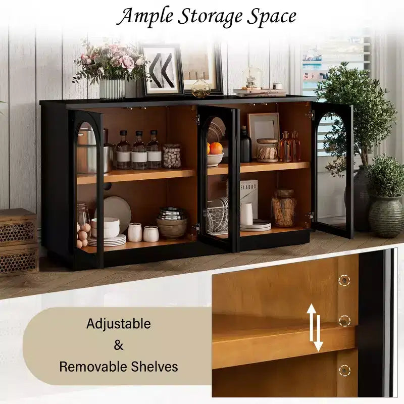 Großes Buffet-Sideboard mit 4 Türen und Glastüren, gewölbter Schrank mit verstellbaren Einlegeböden für die Küche