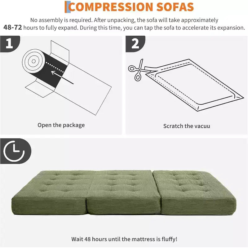 Matelas pliable en trois parties de 15 cm SunnyFurn, canapé-lit, 190,5 x 137,9 cm, lit d’appoint pliable en mousse avec velours côtelé matelassé, portable pour le camping, le salon ou la chambre