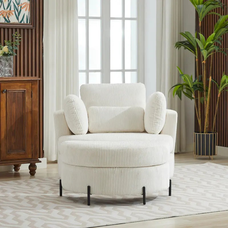Sillón decorativo giratorio tapizado de 42.3W con 4 cojines y otomana de almacenamiento en forma de media luna