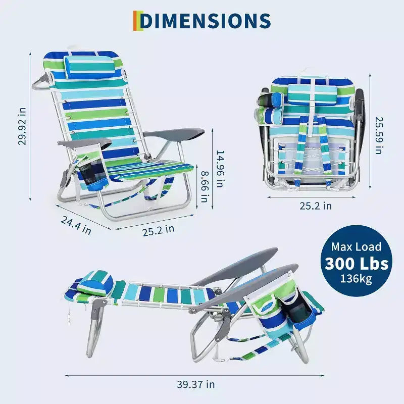 Set da 2 sedie da spiaggia leggere Acekool trasportabili come zaino, pieghevoli in 5 posizioni e reclinabili completamente, per adulti, con cinghie, portabicchiere e portaasciugamano, supportano fino a 300 libbre