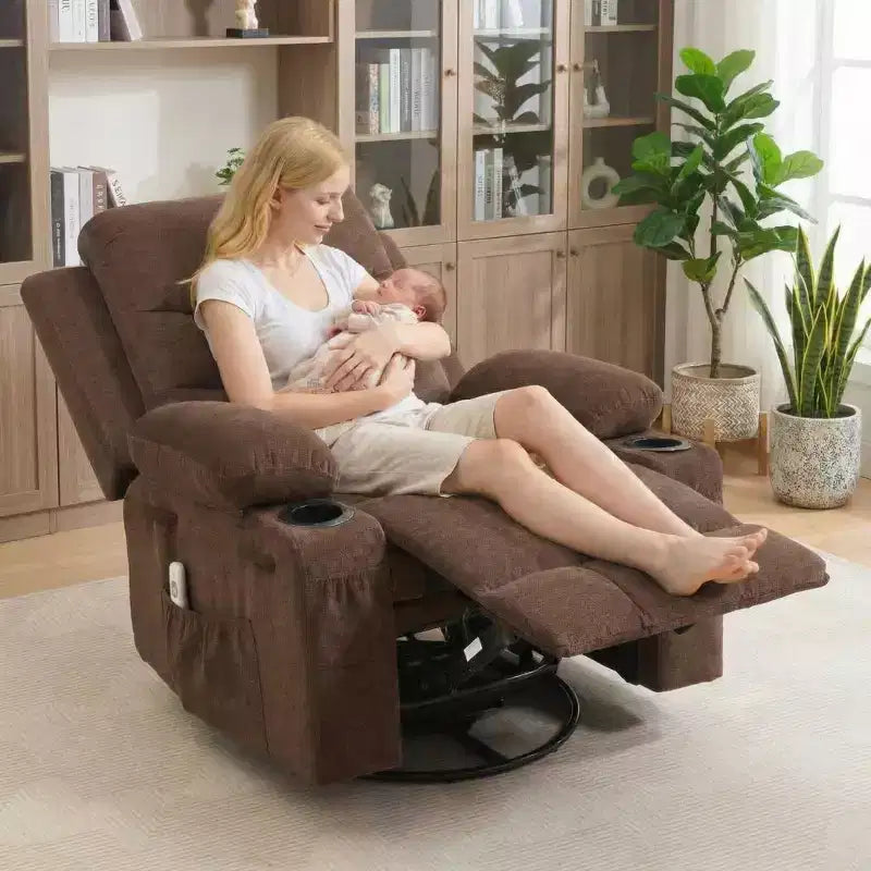 Suuri 360° kääntyvä keinutuoli-hierontatuoli lämmityksellä – ergonominen lepotuoli mukitelineillä ja sivutaskuilla olohuoneeseen tai lastenhuoneeseen