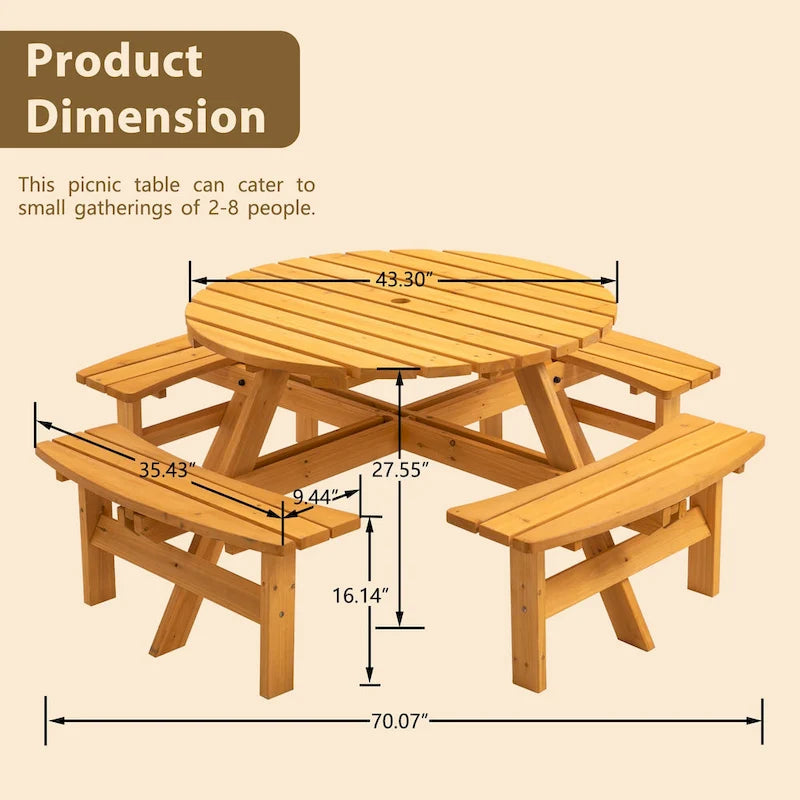 Conjunto de comedor de picnic redondo para patio exterior, de madera de abeto, para 8 personas, con 4 bancos integrados y orificio para sombrilla