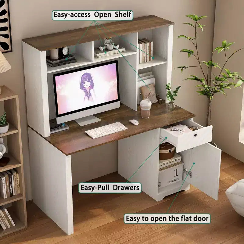 Moderner Computertisch mit Aufsatz und Bücherregal, 51,18 Zoll, Bürotisch mit viel Stauraum, Schreibtisch zum Lernen und für das Lesezimmer