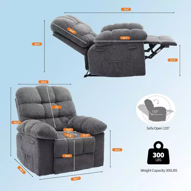 Sillón reclinable manual de tela transpirable y ergonómica con bolsillos laterales, sofá individual, adecuado para la sala de estar o el dormitorio