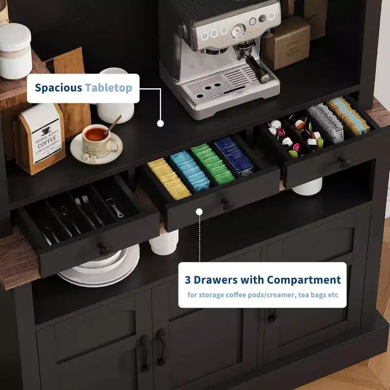 Mobile bar da caffè alto 72" in stile rustico con luci LED, credenza da cucina con ante e cassetto, ripiani regolabili, ampio spazio di archiviazione