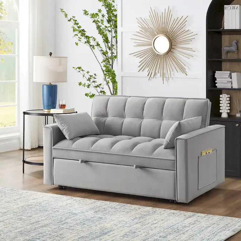 Divano letto loveseat 4 in 1 con braccioli e tasche portaoggetti, divano letto estraibile trapuntato multifunzione con schienale regolabile
