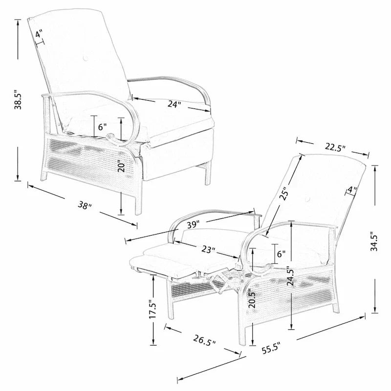 Verstellbarer Relaxsessel für die Terrasse, Lounge-Sofa mit Kissen - 38 (T) x 26.5 (B) x 38.5 (H) ZOLL