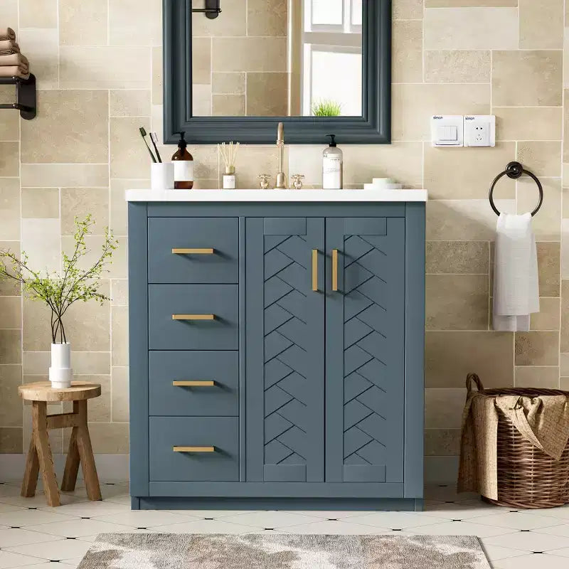Meuble-lavabo de salle de bains de 30 po à lavabo simple, avec armoire et 3 tiroirs – noir / bleu / vert / indigo / blanc