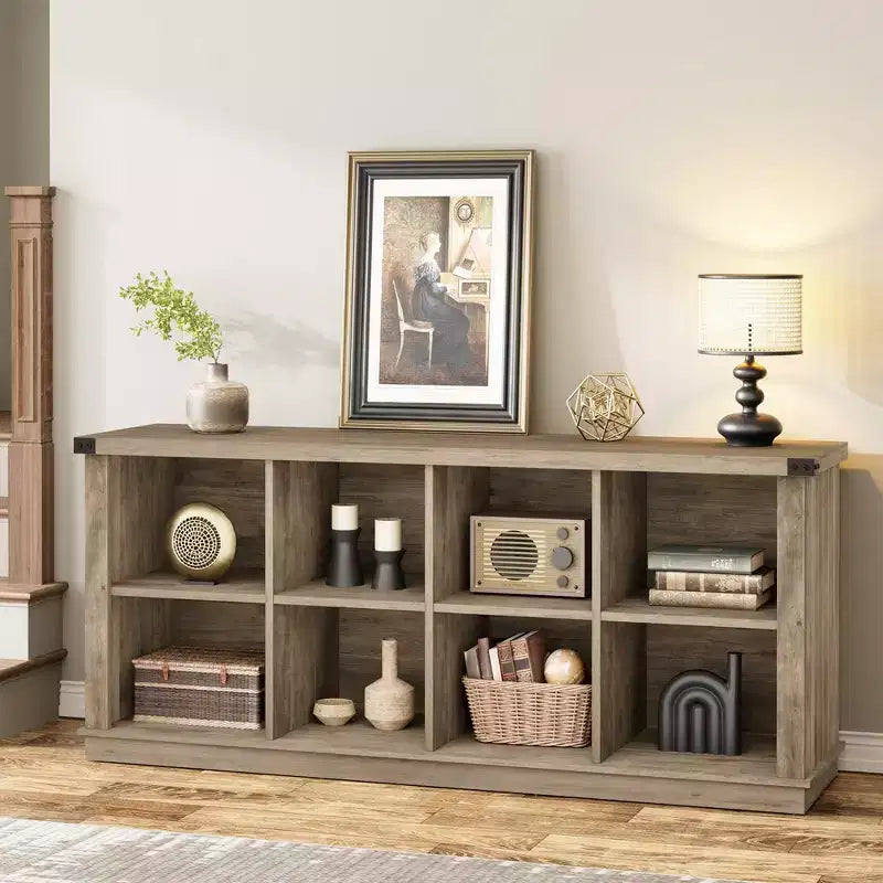Libreria organizer con 8 scomparti, mobile orizzontale in stile rustico, libreria in legno da 62 pollici con vani portaoggetti per ingresso, libreria lunga e bassa per soggiorno