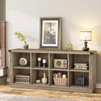 Libreria organizer con 8 scomparti, mobile orizzontale in stile rustico, libreria in legno da 62 pollici con vani portaoggetti per ingresso, libreria lunga e bassa per soggiorno