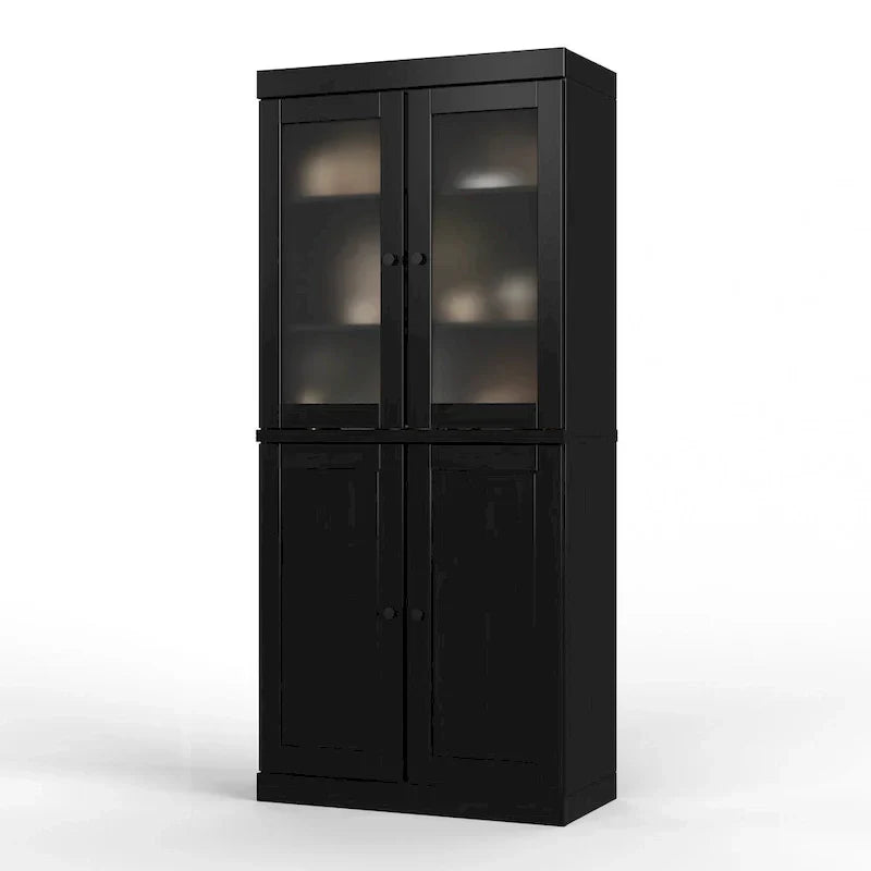 Armario despensa 100 % de madera maciza con puertas de vidrio esmerilado, puertas sólidas, 2 cajones y estantes ajustables