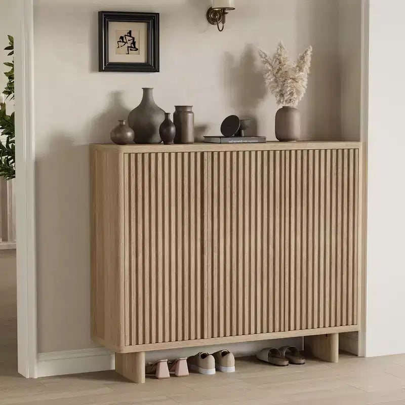 Scarpiera Acekool 46 con anta scanalata, mobile contenitore a 5 livelli, panca rustica da ingresso per corridoio, 41.5H