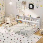 Montessori-Bodenbett in Twin-/Full-Größe mit Bücherregal, Stauraumfächern und Sicherheitsgittern, Weiß/Grau