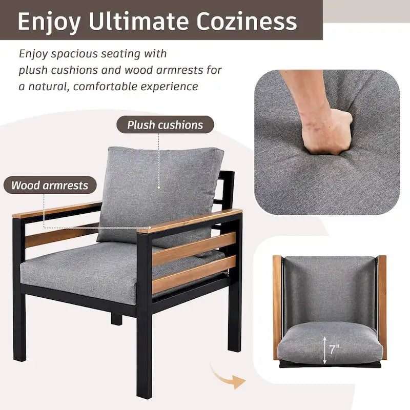 4-teiliges Gartensofaset für 5 Personen mit Couchtisch aus Massivholz und abnehmbaren Kissen