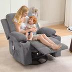 Drehbarer Schaukel-Relaxsessel mit Massage und Wärme, 360°-Gleiter mit Getränkehaltern und Seitentaschen, ergonomisches Loungesofa für Wohnzimmer, Wohnmobil und Kinderzimmer