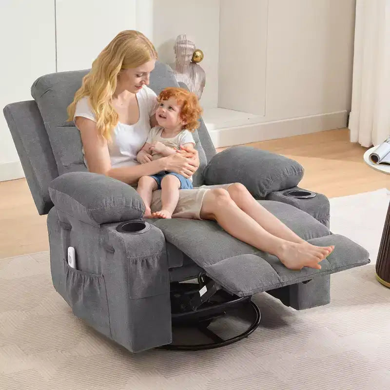 Drehbarer Schaukel-Relaxsessel mit Massage und Wärme, 360°-Gleiter mit Getränkehaltern und Seitentaschen, ergonomisches Loungesofa für Wohnzimmer, Wohnmobil und Kinderzimmer