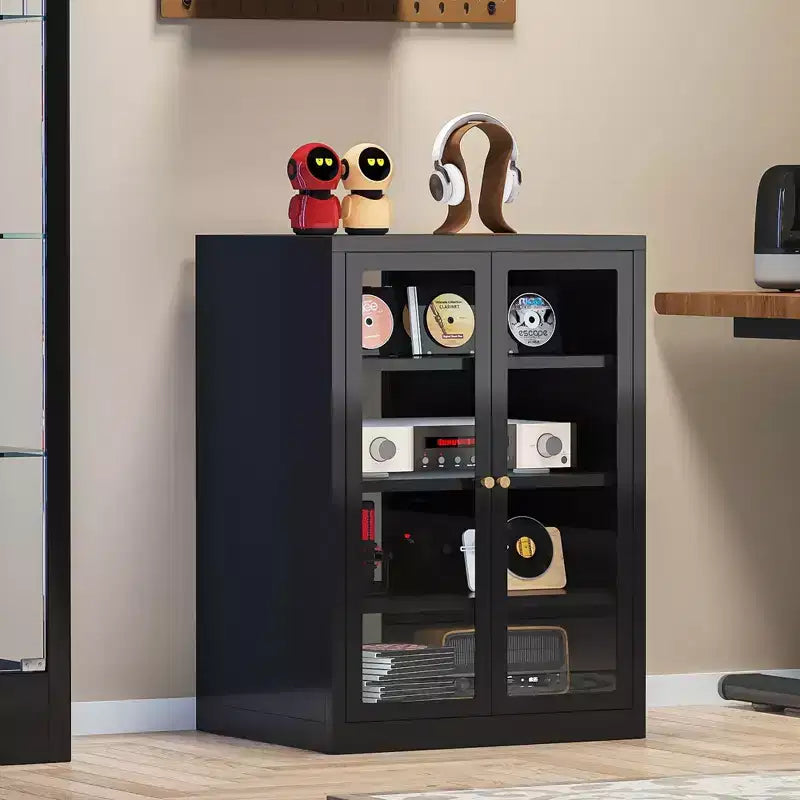 Mobile multimediale in metallo Bekrvio, mobile stereo a 4 ripiani con ante in vetro e ripiani regolabili, rack audio AV con gestione dei cavi