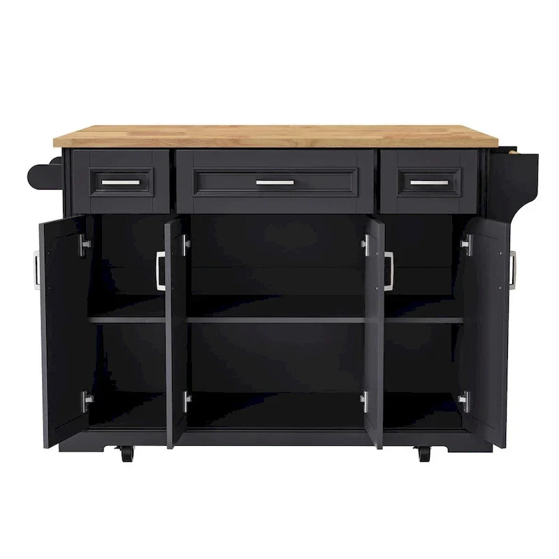 Velký kuchyňský ostrov 54 s výklopnou deskou z kaučukovníkového dřeva, pojízdný kuchyňský vozík s reliéfní texturou na 4 kolečkách, 4 dvířky a 3 zásuvkami