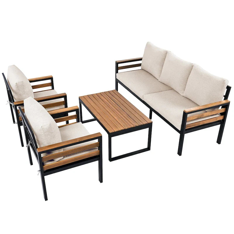 4-teiliges Gartensofaset für 5 Personen mit Couchtisch aus Massivholz und abnehmbaren Kissen