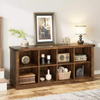 Libreria organizer con 8 scomparti, mobile orizzontale in stile rustico, libreria in legno da 62 pollici con vani portaoggetti per ingresso, libreria lunga e bassa per soggiorno