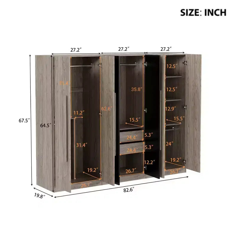 83W Kleiderschrank mit 6 Türen, 2 Schubladen, Kleiderstangen und Ablageböden, Schwarz/Natur – ModernLuxe