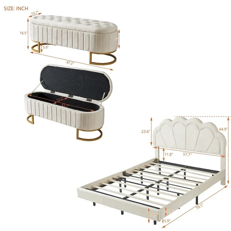 Set da camera da letto in 2 pezzi, letto a piattaforma matrimoniale LED con pouf contenitore