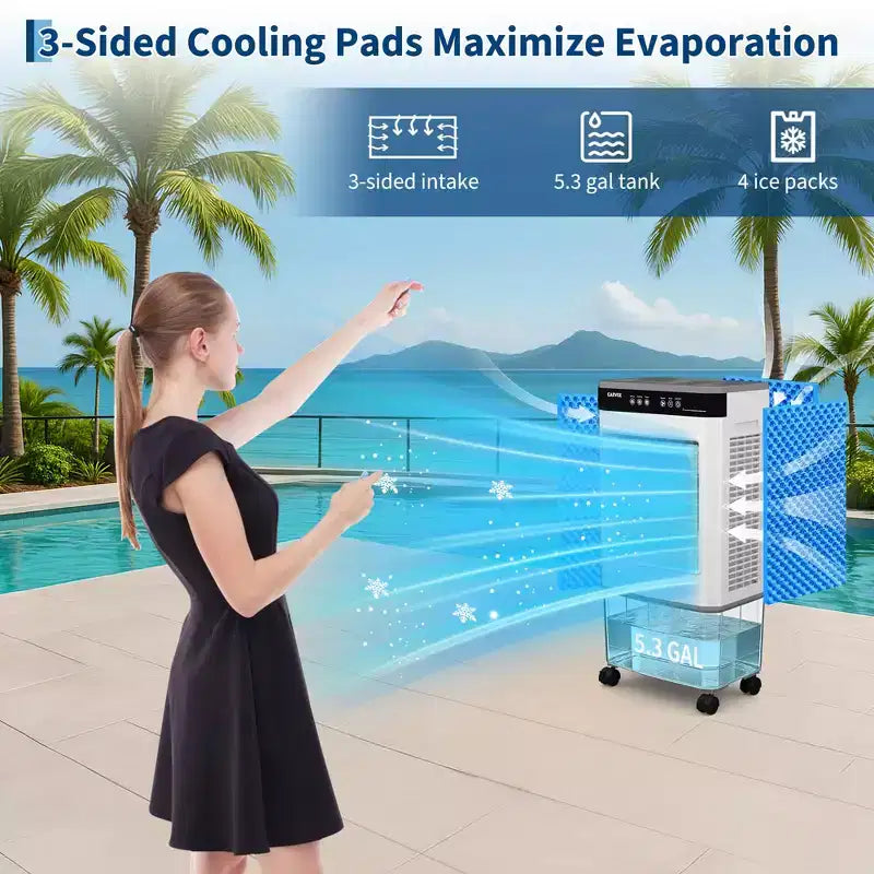 Raffrescatore d'aria evaporativo con serbatoio dell'acqua, 4 piastre refrigeranti, 3 velocità, oscillazione a 120°, telecomando e timer da 12 ore, portatile da pavimento da 150 W