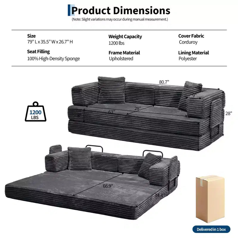 80.7 καναπές-κρεβάτι 5-σε-1 Convertible Sleeper - Κοτλέ, 1200 lbs, Χωρίς συναρμολόγηση