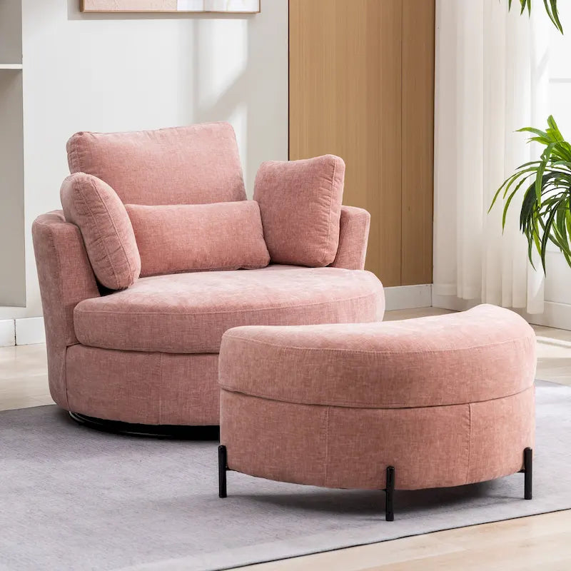 Sillón decorativo giratorio tapizado de 42.3W con 4 cojines y otomana de almacenamiento en forma de media luna