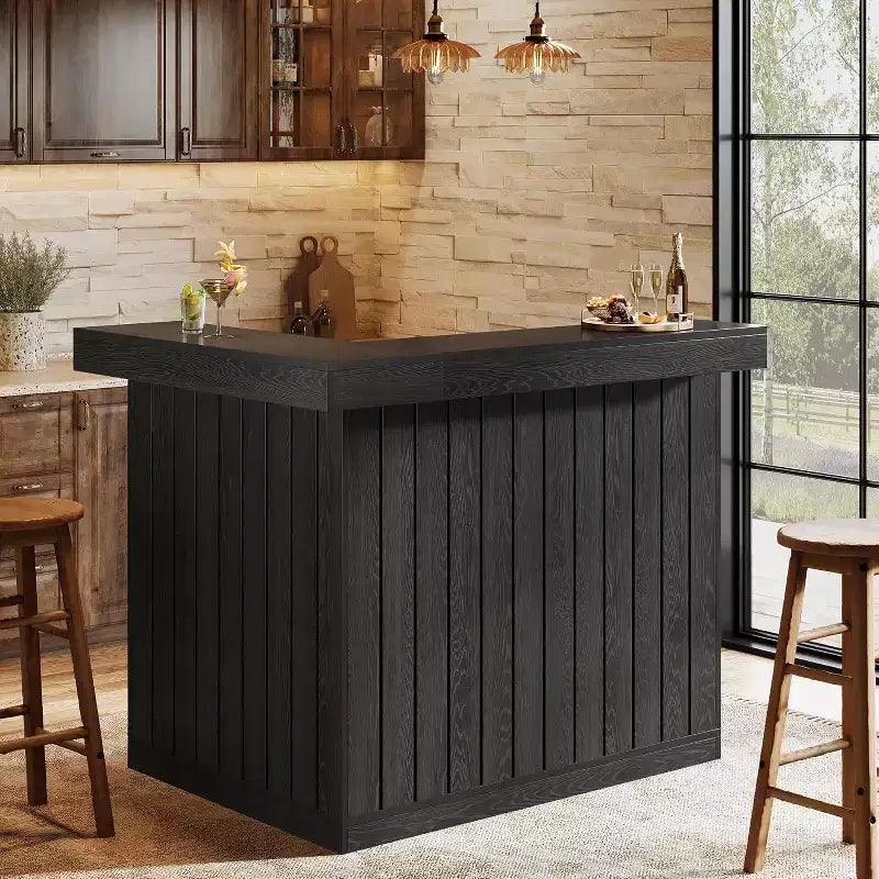 Lantine L-förmige Hausbar, 4-stufiger Eck-Bartisch mit Ablagefächern und Halterung für Weingläser für die Hausbar