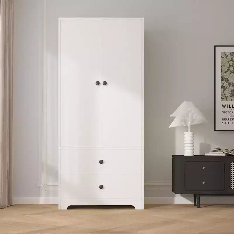 Armadio guardaroba moderno in legno da 71 pollici per camera da letto, con 2 ante, 2 cassetti, ripiani regolabili, vano porta abiti e barra appendiabiti