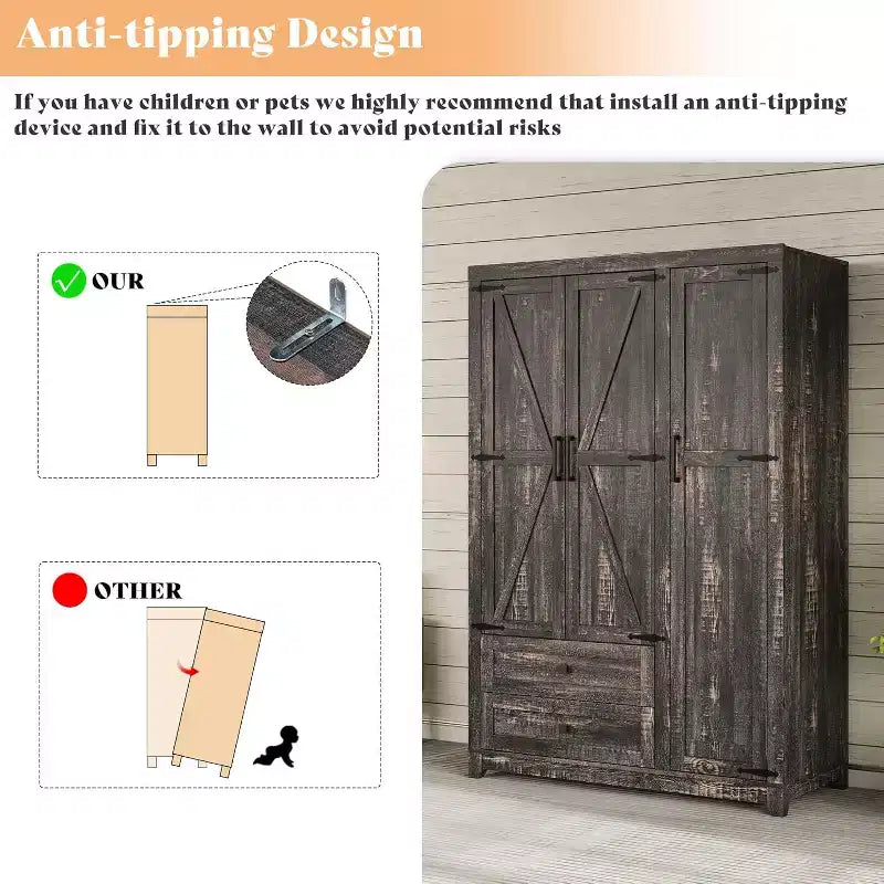 AMERLIFE boerderijstijl kledingkast van 119 cm met 3 deuren, 2 laden, kledingroede en verstelbare planken, vrijstaande kledingorganizer