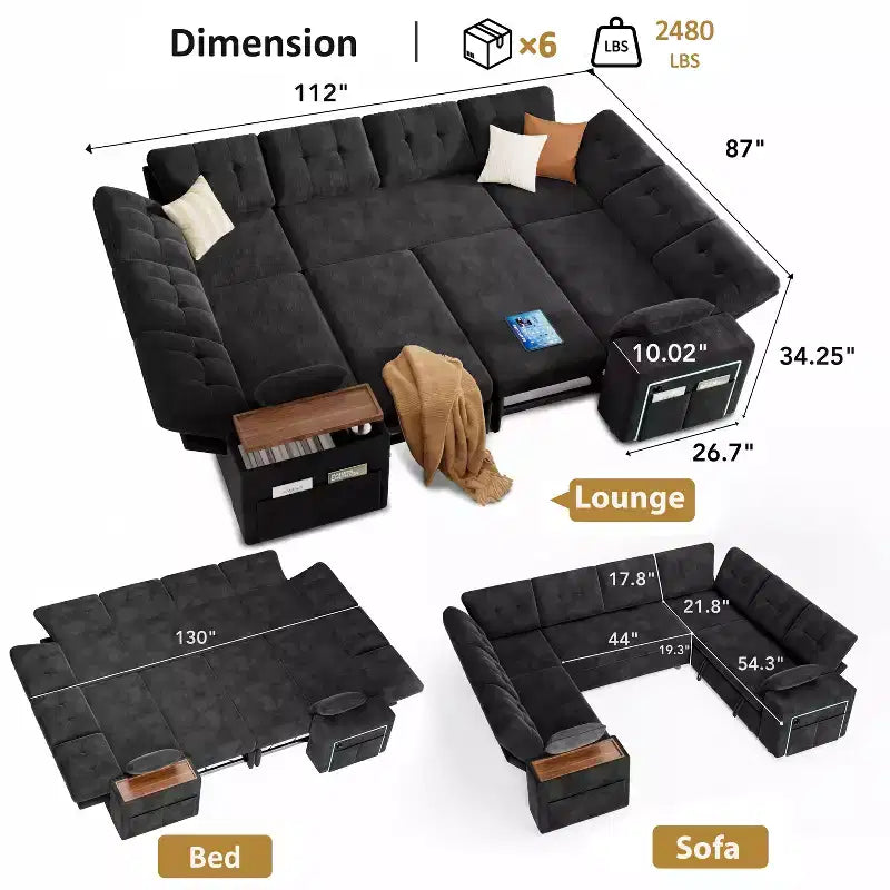 Divano componibile letto modulare Dyonery 112 con letto estraibile, divano componibile a U con contenitore, sedute extra larghe e profonde per il soggiorno