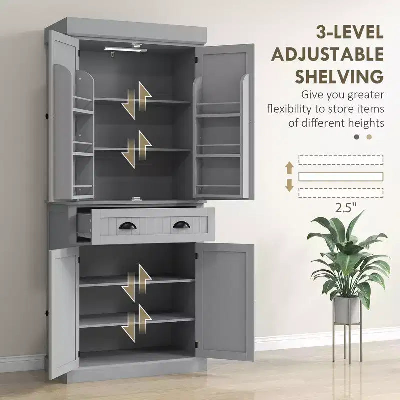 Credenza dispensa da cucina da 71 con luci LED, 6 ripiani sulle ante, un cassetto e 4 ripiani regolabili