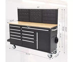 Gereedschapskist op wielen van 61 inch met 10 laden en garagewerkbank met stekkerdoos, blad van massief rubberhout, zware mobiele werkstationskast met draagvermogen van 1675 LBS