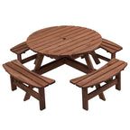 Conjunto de comedor de picnic redondo para patio exterior, de madera de abeto, para 8 personas, con 4 bancos integrados y orificio para sombrilla